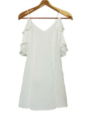 Lavender Brown 100% Silk White Cold Shoulder Ruffle Sleeve Mini Dress Size XS
